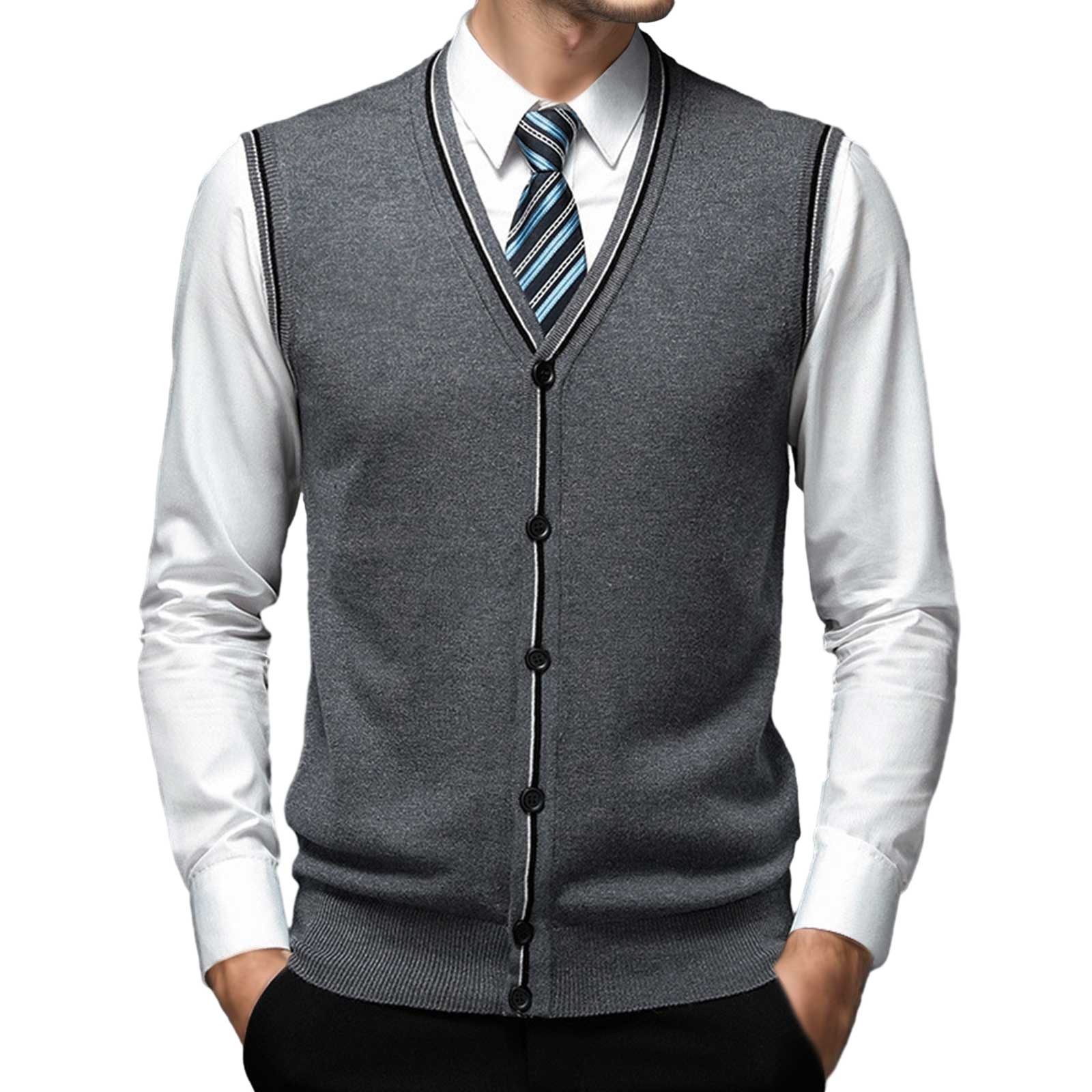 thumbnail image 5 of Chaleco de lana con cuello en V y hebilla para hombre - Color liso, sin cuello, ideal para citas o trabajo - Para todas las estaciones (M-XXXL), 5 of 5